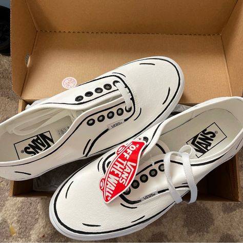 Men’s Size 8. Nwt Custom Painted Comic Book Cartoon Style White And Black Cell Shaded Shoes, Paint Vans Shoes Diy, Painting Vans Shoes, Vans Design Shoes Diy, White Shoes Painting Ideas, Painted Vans Old Skool, Drawing On Shoes Ideas, Shoe Painting Ideas Vans, Vans Custom Ideas