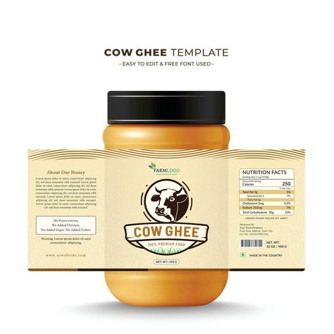 Ghee Jar Label Design, Ghee Packaging Design, Organic Ghee, Cow Ghee, Bottle Label Design, How To Make Labels, Butter Milk, Milk Cream, Cow Head