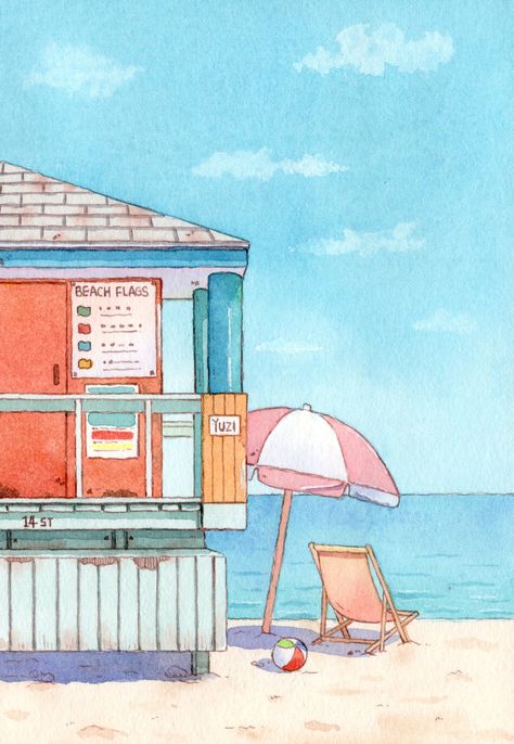 Kawaii, Summer Illustration Art Drawings, Watercolor Art House, Beach Watercolor Paintings, Florida Drawing, Aquarelle Aesthetic, Watercolour Beach, Beach Drawing, Concept Art Tutorial