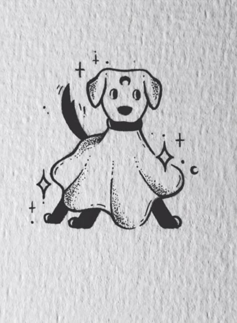 Simple Horror Art, Spooky Dog Drawing, Witchy Dog Tattoo, Dog Halloween Tattoo, Cute Spooky Doodles, Ghost With Knife Tattoo, Polar Opposite Tattoos, Paranormal Tattoo Ideas, Ghost Dog Drawing