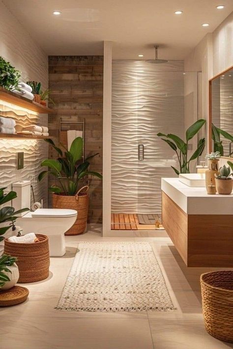 Two Basins Bathroom, Minimalistic Bathroom Ideas, Natural Bathroom Aesthetic, Apartment Nature Aesthetic, Bamboo Room Design, Bathroom Soft Lighting, Bathroom Relaxing Decor, Calming Apartment Decor, Natural Stone Bathrooms