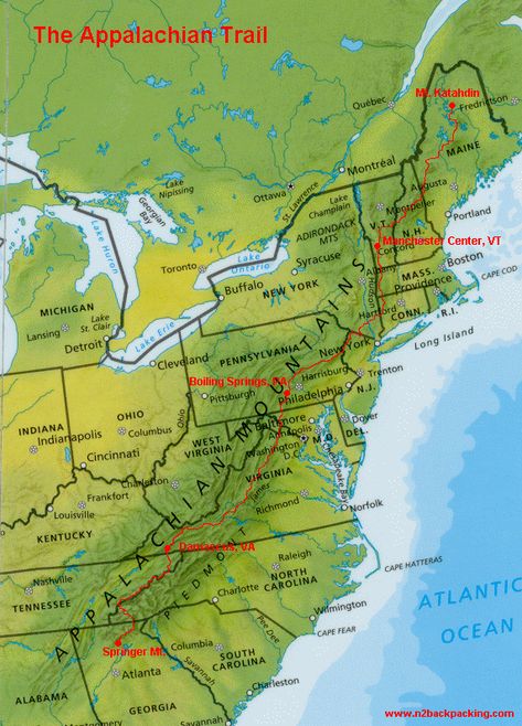 The Appalachian Trail is also on our Bucket List. In the end, we would love to "Triple Crown" - the PCT (Pacific Crest Trail - 2,650 mi.), the CDT (Continental Divide Trail - 3,100 mi.) and the AT (Appalachian Trail - 2,100 mi.) Appalachian Trail Map, The Appalachian Trail, Maputo, Thru Hiking, Pacific Crest Trail, Appalachian Mountains, Hiking Tips, Trail Maps, Appalachian Trail