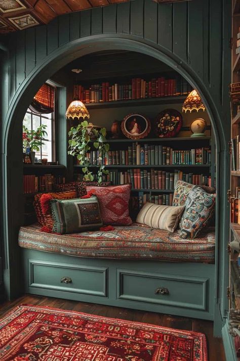 Sunroom Library Cozy, Creating Library At Home, Bedroom Ideas With Lots Of Storage, Tolkien Inspired Home, Pretty Home Library, Library Room Lighting, Cozy Castle Aesthetic, Library Shelves Ideas, Whimsical Home Library