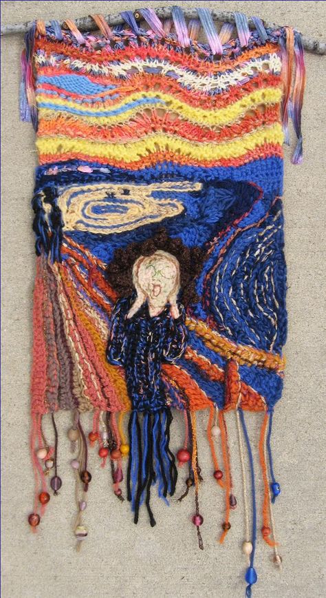 crochet munch scream wall hanging -  from roundup of Masterpieces created in crochet Crochet Wall Art, The Scream, Crochet Wall Hangings, Knit Art, Form Crochet, Edvard Munch, Crochet Home Decor, Stitch Crochet, Crochet Creations