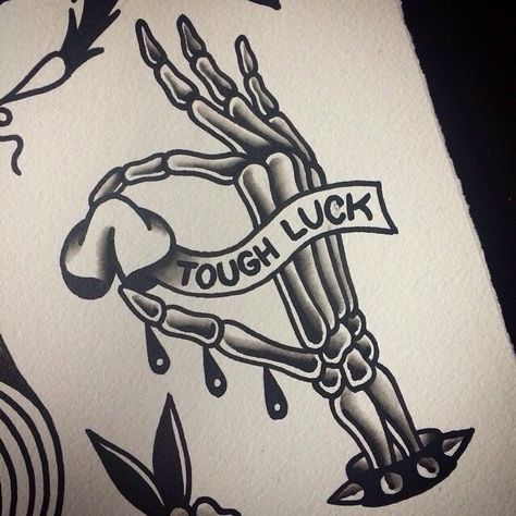 Skeleton hand fortune cookie Flash Art Tattoos, Luck Tattoo, Neotraditional Tattoo, Kunst Tattoos, Tattoo Zeichnungen, Theme Tattoo, Traditional Flash, Traditional Tattoo Art, Traditional Tattoo Flash