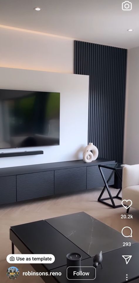 Tv Wall Black And White, Black And White Living Room Decor Modern Accent Walls, Tv Slat Wall Design, Tv Wall Design Black And White, Black Feature Wall Living Room With Tv, Black Slat Wall Living Room, Black Panel Tv Wall, Grey Tv Wall, Black Wood Media Wall