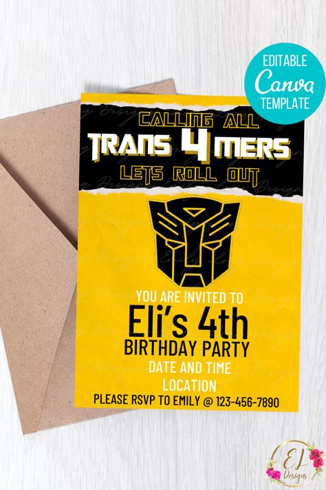 Transformers Party Invitations, Bumblebee Birthday Party Transformers, 4th Birthday Theme Boy, Transformers 4th Birthday, Trans4mer Birthday, Four Year Old Boy Birthday Themes, 4 Year Birthday Party Ideas Boy, Transformers Birthday Invitations, Jt Birthday