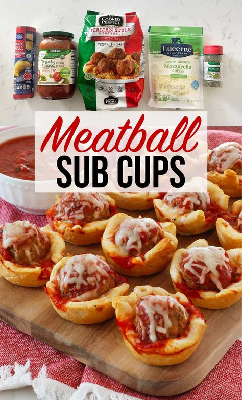 These meatball sub cups are such a fun recipe for individual meatball subs and the perfect appetizer for game days or even a fun way to eat dinner! An easy appetizer using crescent rolls, frozen meatballs, marinara sauce and mozzarella cheese. Made in under 30 minutes! Frozen Meatball Subs Easy, Frozen Meatball Sandwich Recipes, Meatballs Crescent Rolls, Cresent Roll Meatball Bites, Meatball Crescent Cups, Meatball Recipes With Frozen Meatballs, Meatball Crescent Rolls, Mini Meatballs Appetizers, Ball Park Food