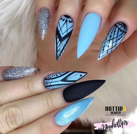 Gorgeous Baby Blue/Jeans Blue, Black and Silver Color Nails. Black And Periwinkle Nails, Blue Black Silver Nails, Blue Nail Designs Stiletto, Blue Black And Silver Nails, Black And Baby Blue Nails, Baby Blue And Black Nails, Blue And Black Nail Ideas, Light Blue And Black Nails, Blue And Black Nails Designs