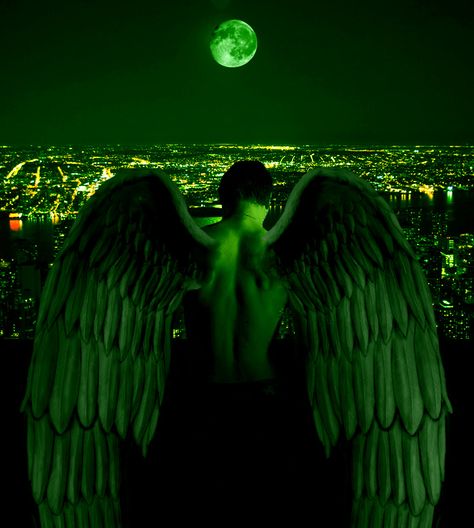 I'm fascinated with how artists show how angels' wings are attached to their bodies. This has been done seamlessly. Wonderful. Male Angels, Ulquiorra Cifer, Green Moon, I Believe In Angels, Dark Angels, Dark Green Aesthetic, Ange Demon, Slytherin Aesthetic, Angel Aesthetic