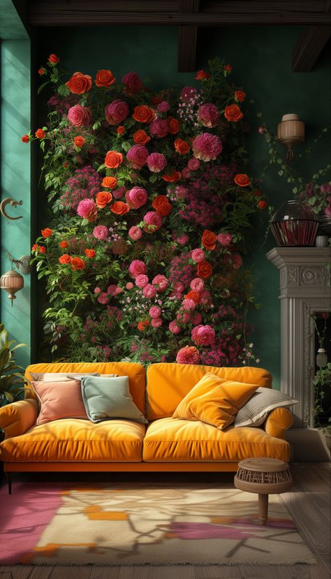 Floral wall green living wall interior design yellow couch Yellow Couch Living Room Ideas, Flower Couch, Interior Design Yellow, Flower Living Room, Floral Couch, Green Wall Color, Yellow Couch, Wall Green, Vibrant Living Room