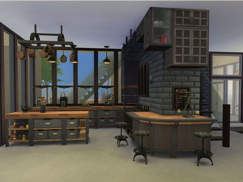 The Sims Resource: Industrial Loft by Danuta720 Sims Industrial Loft, Industrial Loft Sims 4, Sims 4 Industrial Kitchen, Industrial Bloxburg House, Sims 4 Apartment Download No Cc, Industrial Loft House, Modern Industrial House, Loft House Plans, Sims 4 Loft