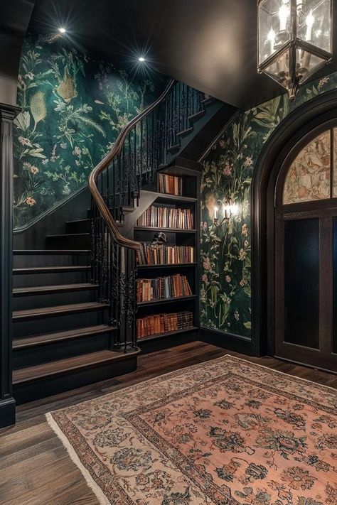 Moody Staircase, Cottagecore House Interior, Dark Interior House, Dark Cottagecore House, Cottagecore Interior, Cottage Entryway, Cottage House Interior, Cottagecore House, Cozy Nooks