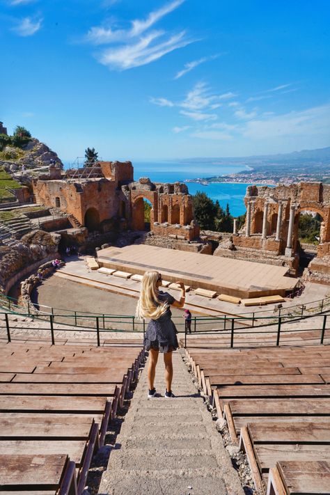 Ancient Greek theatre in Taormina, Sicily Island, Italy Taormina Sicily Photography, Taormina Photo Ideas, Sicily Photo Ideas, Sicily Photoshoot, Sicily Moodboard, Sicily Trip, Italian Summer Aesthetic, Catania Sicily, Visit Sicily