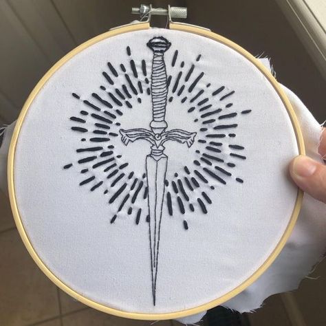 Finished this the other day! The lines are kinda crooked but oh well lol Gothic Embroidery Design, Creepy Embroidery Patterns, Witchy Embroidery Ideas, Manly Embroidery, D&d Embroidery, Cryptid Embroidery, Slytherin Quilt, Gothic Embroidery Patterns, Occult Embroidery