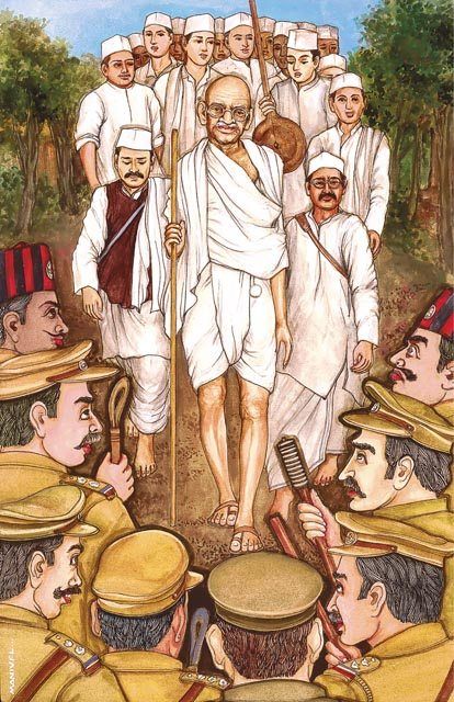 Mahatma Gandhi's Salt March Mahatma Gandhi History, Salt March, Mahatma Gandhi Photos, Freedom Fighters Of India, Independence Day Drawing, India Poster, India Painting, Drawing Competition, Gold Pen