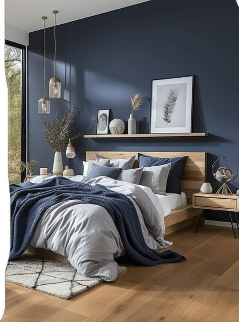 Bedroom Wall Color Ideas Paint Colours, Modern Guest Bedroom, Dark Blue Bedrooms, Blue Bedroom Walls, Blue Bedroom Design, Blue Bedroom Decor, Blue Rooms, Blue Bedroom, Master Bedrooms Decor