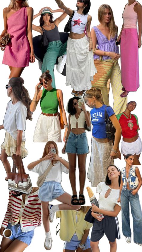 Summer colorful outfit ideas France In Summer Outfits, Gen Z Aesthetic Outfit, Cool Summer Outfits Palette, Summer Palette Outfits, Colourful Summer Outfits, Summer Outfit Collage, Layered Summer Outfits, Casual Festival Outfit, Lake Outfit Summer