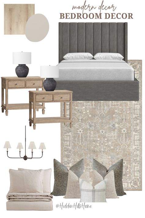 Modern classic bedroom mood board with dark gray upholstered bed and neutral complimentary tones throughout Grey Bed Board, Greige Bedding Master Bedrooms, Natural And Grey Bedroom, Light Gray Master Bedrooms Decor, Master Bedrooms Decor Cozy Grey Headboard, Grey Bed Bedding, Gray Bed Frame Bedding, Grey Bed White Furniture, Grey Bed With Beige Bedding