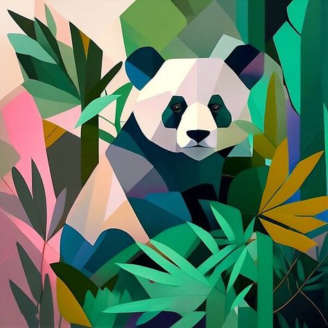 Panda Standing, Overlapping Art, Geometric Panda, Jungle Animal Art, Geometric Art Animal, Lush Jungle, Panda Painting, Abstract Animal Art, Geometric Artwork