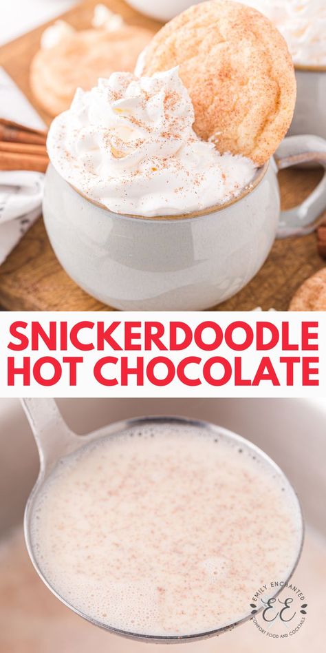 Snickerdoodle Hot Chocolate tastes just like your favorite Christmas cookie! White sugar, white chocolate chips and cinnamon take your hot cocoa to the next level. Boozy White Hot Chocolate, Diy White Hot Chocolate Powder, Snickerdoodle Hot Chocolate Starbucks, Fun Hot Chocolate Recipes, Different Hot Chocolate Recipes, Winter Wonderland White Hot Chocolate, Hot Chocolate Bars Ideas, Hot Cocoa Mug Gift Ideas, Hot Chocolate Flavors