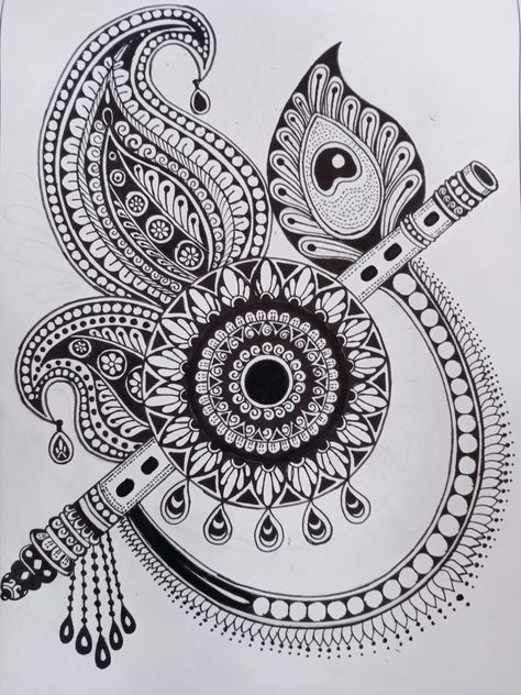 #mandala_art Janmastami Special Mandala Art, Art Forms Of India Drawing, Krishna Flute Mandala Art, Mandala Flute, Kalamkari Art Easy, Mandla Mandela Art, Krishna Mandala Art Easy, Unique Mandala Drawing Easy, Krishna Drawing Mandala