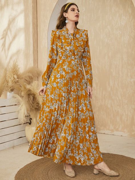 Free Returns ✓ Free Shipping On Orders $49+ ✓. Floral Print Pleated Hem Tie Neck Dress- Women Dresses at SHEIN. Casual Abaya, Long Outer, Maxi Outfits, Maxi Dresses Fall, Tie Neck Dress, Beautiful Maxi Dresses, Frocks For Girls, High Waist Dress, Pleated Maxi Dress