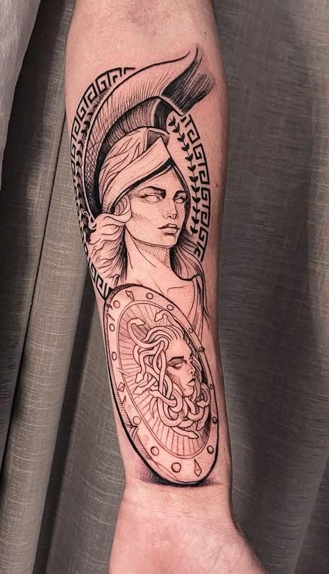 Female Warrior Tattoo Design, Greek Mythology Tattoo Ideas, Mythology Tattoo Ideas, Warrior Tattoo Design, Greek Goddess Tattoo, Greece Tattoo, Athena Tattoo, Female Warrior Tattoo, M Tattoos