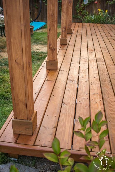 Ever thought about turning your concrete slab into a covered deck? It's definitely doable! Here are some thoughts, tips, & photos from our experience! Concrete Slab Patio, Deck Over Concrete, Concrete Deck, Porch Remodel, Patio Deck Designs, Wooden Deck, Porch Makeover, Back Porch Ideas Covered, Deck Designs Backyard