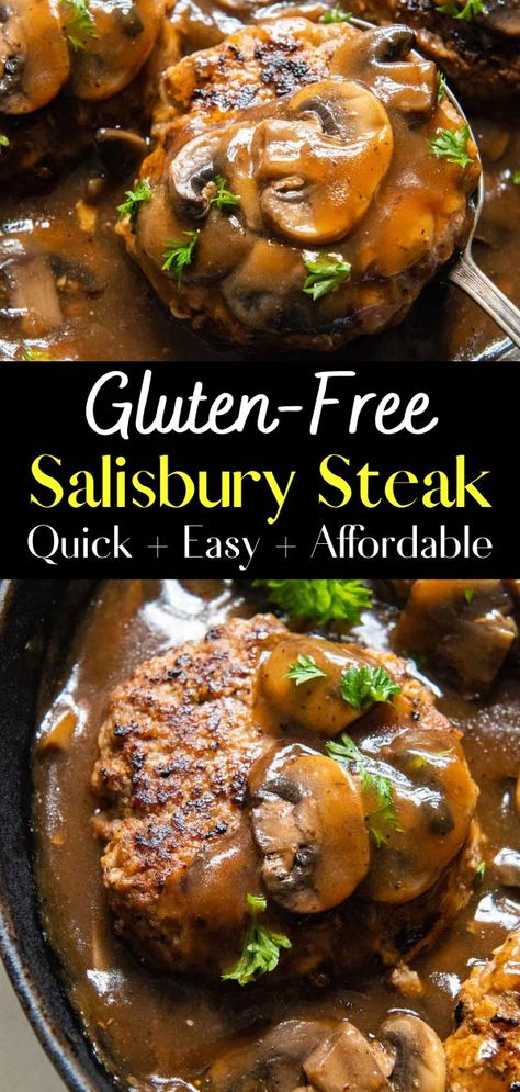 Gluten-Free Salisbury Steak (Old School Taste!) Gluten Free Salisbury Steak Recipe Easy, Gluten Free Hamburger Steak With Gravy, Salisbury Steak Recipe Gluten Free, Dairy Free Salisbury Steak, Gf Salisbury Steak, Beef Recipes Gluten Free Dairy Free, Gluten Free Recipes With Hamburger Meat, Gluten Free Recipes Hamburger Meat, Salisbury Steak Gluten Free