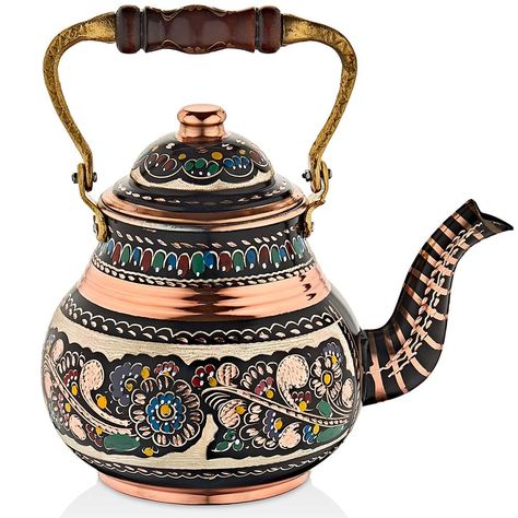 PRICES MAY VARY. ✅ BEST TO BREW-UP AND POUR TASTY TEA with WOODEN HANDLE : Turkish teapot kettle and tea pots for stovetop is the best choice to brew up tea freshly and easily. Pouring tea is easy with large wooden handle ✅ STUNNING HANDMADE DECORS: This copper tea kettle for stove top is decorated by handmade decors on exterior by skillfull Turkish art artisans. Copper is covered with sturdy silver decors by hand made decors as a master craftmanship. Our art artisans spends 24 hours to decorate Pouring Tea, Turkish Teapot, Teapot Crafts, Kitchen Antique, Tea Pots Art, Moroccan Party, Copper Tea Kettle, Party Serving, Handmade Teapot