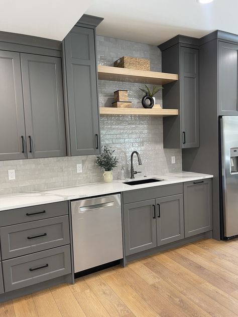 Kitchen Cabinet Color Gray, Backsplash Kitchen Ideas For Grey Cabinets, Cabnit Remodel Paint, Cabinet Countertop Combinations, Grayge Color Kitchen, Greyhound Cabinets, Dark Grey Lower Cabinets Light Grey Upper, Gray Kitchen Ideas Color Combos, Green Farm Kitchen