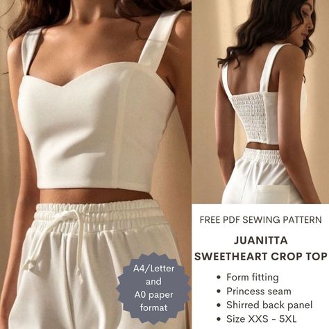 Juanitta sweetheart crop top – PDF sewing pattern – Tiana's Closet Top Pattern Sewing, Sweetheart Crop Top, Crop Top Sewing Pattern, Diy Clothes Patterns, Diy Crop Top, Sewing Top, Free Pdf Sewing Patterns, Crop Top Pattern, Shirt Sewing Pattern