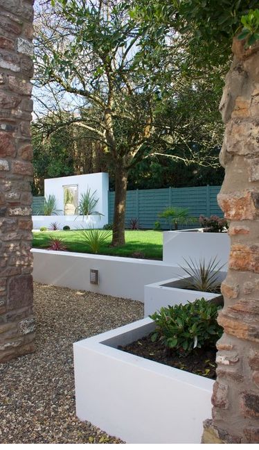 Plaster low wall + landscape beds -- crisp and pretty Modern Garden Landscaping, Retaining Wall Design, Building A Retaining Wall, Landscaping Inspiration, Modern Landscape Design, Garden Area, Walled Garden, Concrete Garden, Contemporary Garden