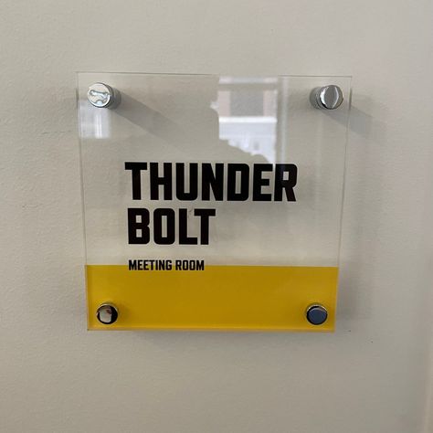 We made these custom acrylic identification signs to mark meeting rooms at Chemistry, a creative advertising agency. They honored past partner Geoff Tolley by naming the main agency conference room after him, and also showed their love for a certain local amusement park’s most famous rides – the Jack Rabbit and Thunderbolt.

#spark #signs #signage #signdesign #signagedesign #interiorsigns #acrylicsigns Creative Agency Office, Meeting Room Sign, Identification Signage, Meeting Room Names, Space Branding, Room Signage, Agency Office, Office Signage, Interior Signs