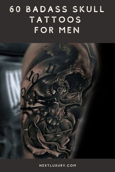 Skull Tattoos For Men, Arm Cover Up Tattoos, Black And Grey Tattoos Sleeve, Badass Skulls, Black Skull Tattoo, Quarter Sleeve Tattoos, Cool Half Sleeve Tattoos, Small Heart Tattoos, Skull Sleeve Tattoos