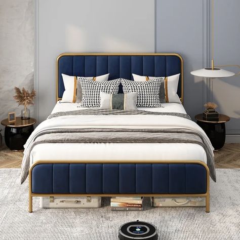 Low Profile Gold Frame Platform Bed Bed Frame Upholstered, House Renos, Button Tufted Headboard, Full Size Bed Frame, Velvet Headboard, King Size Bed Frame, Queen Size Bed Frames, Padded Headboard, Metal Platform Bed