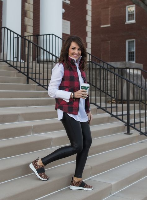 I love mixing plaid with leopard print, so I styled the red & black plaid vest with some leopard print sneakers. Buffalo Plaid Jacket Outfit, Red Buffalo Plaid Outfit Women, Buffalo Plaid Shirt Outfit Women, Buffalo Plaid Vest Outfit, Buffalo Plaid Outfit Women, Vest Casual Outfit, Plaid Sweater Outfit, Plaid Vest Outfit, Red Plaid Outfit