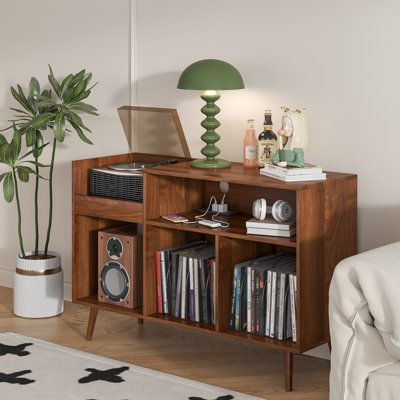 Vinyl Record Rack and Storage: Features an elegant multi-purpose design that can easily blend into different environments. Its classic look and colour complement a variety of home styles. Not only can it be used as a vinyl storage cabinet, the mid-century modern turntable rack with record storage can also be used as a decorative piece or small piece of furniture to add a unique touch to your room. | George Oliver Audio Rack, Record Player Stand w/ Charging Station & Usb Ports Brown 29.52 x 45.27 1970s Record Player Cabinet, Vynil Record Holder, Vinyl Record Console, Vinyl Rack Storage, Mid Century Vinyl Cabinet, Mid Century Modern Stereo Cabinet, Retro Record Player Cabinet, Vinyl Storage Cabinet, Vinyl Player Cabinet