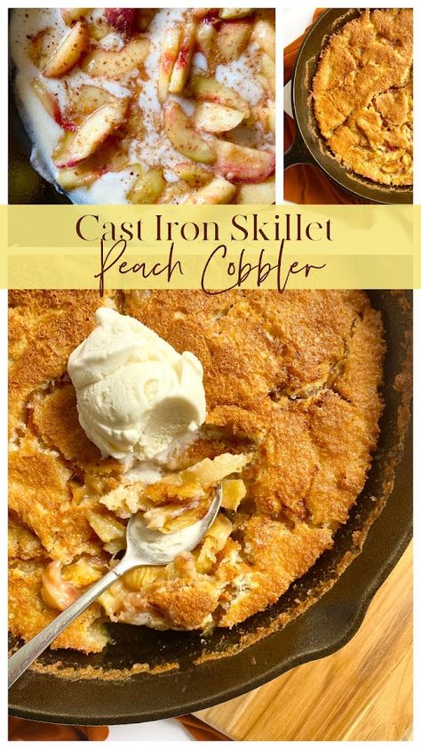 Cast Iron Skillet Peach Cobbler...an easy, dump & mix cobbler filled with juicy, syrupy peaches! Peach Cobbler Dump Cake Cast Iron, Peach Cobbler Easy In Cast Iron Skillet, Skillet Cobbler Recipes, Cast Iron Skillet Peach Cobbler Recipe, Best Peach Cobbler Recipe Ever, Peach Cobbler Cast Iron Skillet Fresh Peaches, Peach Cast Iron Dessert, Peach Cobbler In Cast Iron Skillet, Stovetop Peach Cobbler