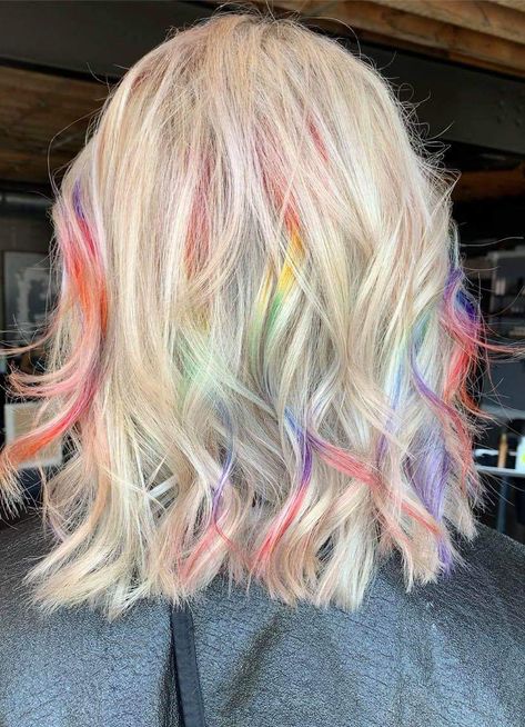 Blonde Hair Rainbow Underneath, Blonde And Vibrant Hair, Rainbow Streaks In Blonde Hair, Peekaboo Rainbow Hair Blonde, Blond Rainbow Hair, Platinum And Vivid Hair, Light Rainbow Hair, Rainbow Underneath Hair Blonde, Blonde Hair With Vibrant Colors