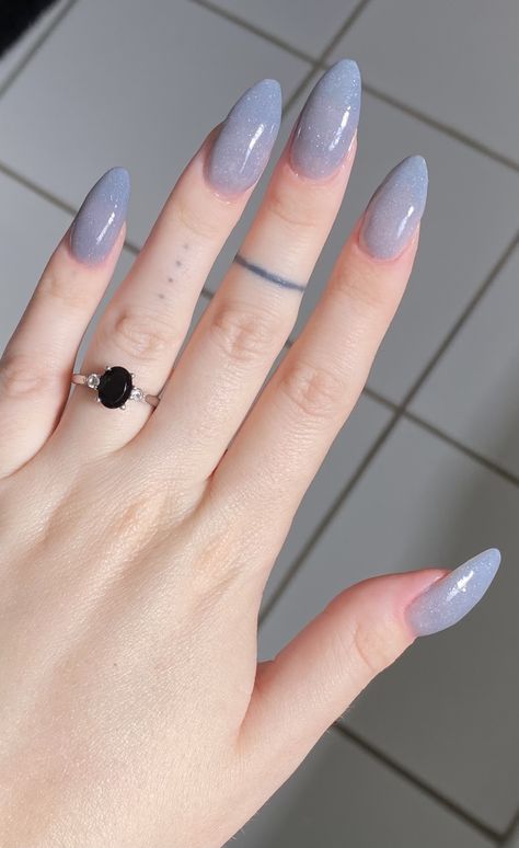 Light Purple Grey Nails, Grey Lilac Nails, Dusty Blue Nails Acrylic Almond, Nails For Grey Dress, Grey Sparkly Nails, Saree Ceremony, Birthday Nail, Grey Blue Dress, Grey Saree