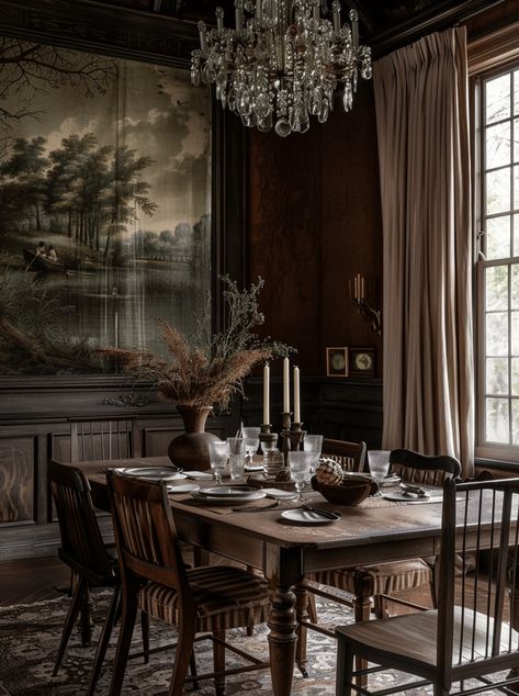 40 Elegant Victorian Dining Room Ideas Which Will Inspire You - Edward George Dining Room Dramatic, English Style Dining Room, 1910 Dining Room, Victorian Gothic Dining Room, Vintage Style Dining Room, 1930 Dining Room, Dinning Room And Living Room Together, Dark Moody Dining Room, Dark Academia Dining Room