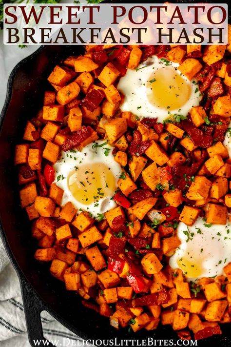 Sweet Potato Breakfast Hash is a hearty meal full of sweet and savory flavors. Crispy bacon, fried eggs, sweet potatoes, onions and peppers make this dish an irresistible one-pan meal to be enjoyed anytime of the day. Sweet Potatoes Hashbrowns, Sweet Potato Stir Fry Recipes, Breakfast Sweet Potato Recipes, Potatoes Onions And Peppers, Breakfast Sweet Potato, Potato And Egg Breakfast, Sweet Potato Bacon, Bistro Box, Sweet Potato Breakfast Hash