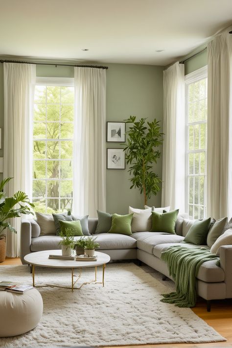 3 Room Apartment Interior Design, Living Room Green Decor Ideas, Paint Idea For Living Room, Living Room Designs Forest Green, Tan And Green Living Room Ideas, Home Decor Green Living Room, Green Color Living Room Ideas, Green House Paint Interior, Green Apartment Aesthetic Living Room