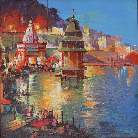 Ganga Aarti Paintings, Haridwar Painting, Varanasi Painting, Spiritual Art Painting, Indian Images, Sketch Reference, Mughal Art Paintings, Indian Artwork, Creepy Drawings