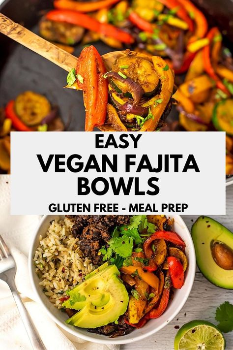 Vegan fajita bowls are easy to make and great for lunch or dinner. This healthy veggie fajita bowl recipe is great for meal prep as leftovers are so delicious. Healthy Rice And Veggie Bowls, Tofu Fajita Bowl, Vegetable Burrito Bowl, Mexican Veggie Bowl, Vegan Fajita Bowl, Veggie Fajita Bowl, Mexican Grain Bowl, Simple Pescatarian Meal Prep, Vegan Veggie Bowl