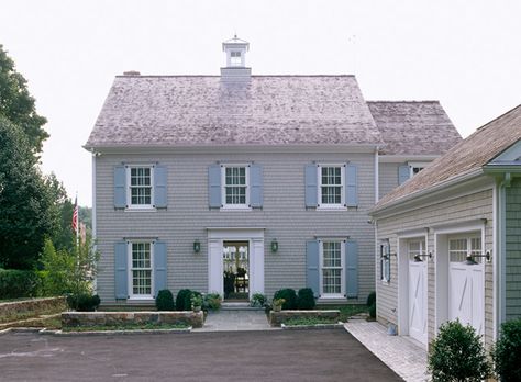 Lynn Morgan in CT Beach Inspired Decor, Gray House, Blue Shutters, Grey House, Grey Houses, Enchanted Home, Beach House Interior, Hamptons Style, Exterior Paint Colors