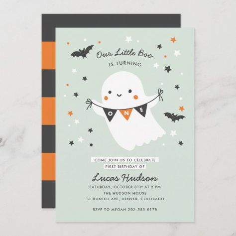 Our Little Boo Cute Kids Halloween First Birthday Invitation #zazzle #weddinginvitations #birthdayinvitations #babyshowerinvitations #zazzleinvitations #monogram #businesscards #graduation #homedecor Halloween One Year Birthday, 1st Birthday Halloween Theme Boy, Halloween 1st Birthday Party Boys, October 1st Birthday Boy, October First Birthday Boy, First Boo Day Party, October First Birthday, Halloween First Birthday Boy, Halloween Second Birthday