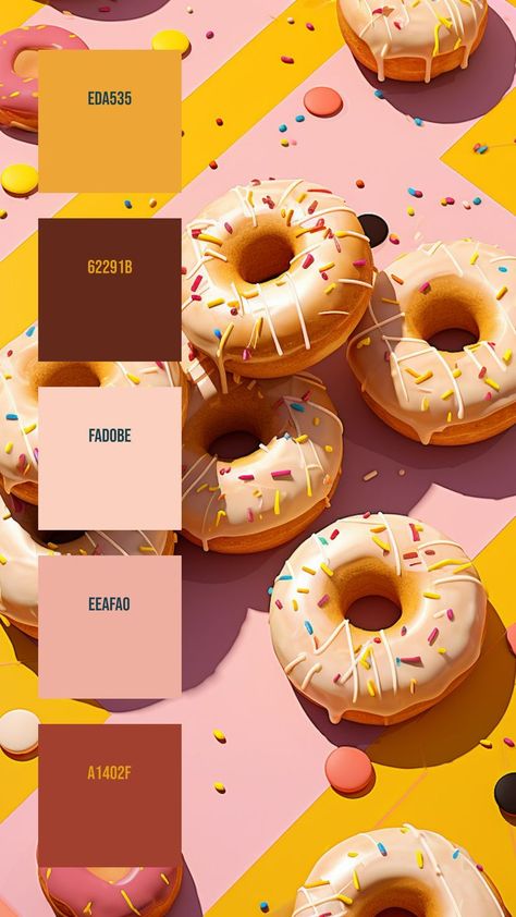 Colors:
EDA535
62291B
FAD0BE
EEAFA0
A1402F Donut Color Palette, Shadows And Light, Vibrant Aesthetic, Trends 2025, Strawberry Glaze, Chocolate Buttons, Patterned Background, Pink Icing, White Icing